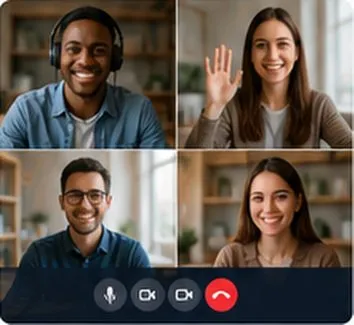 Appel vidéo avec quatre étudiants et bénévoles souriants