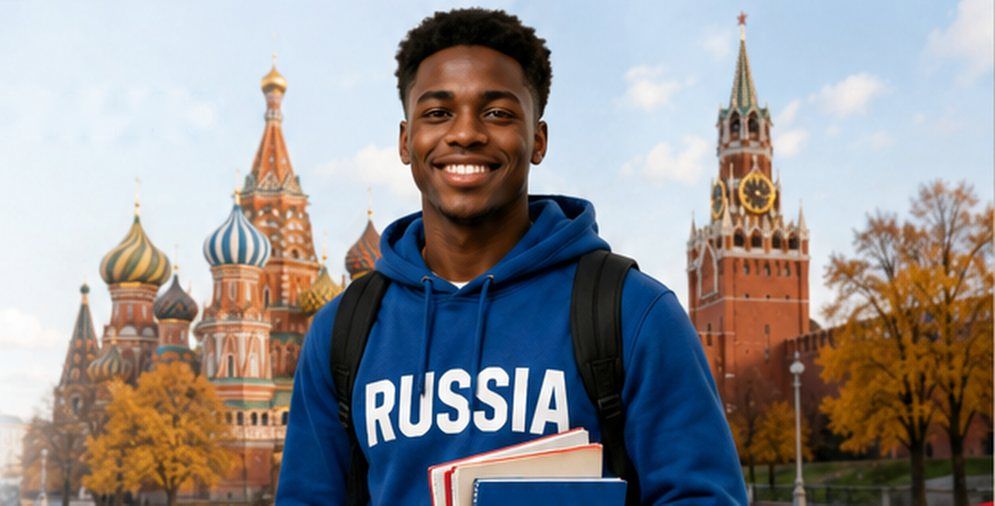 Étudiant souriant en sweat « Russia » tenant des manuels de russe, devant la cathédrale Saint-Basile et le Kremlin
